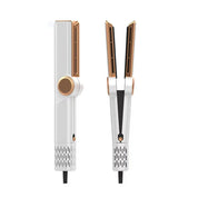 Piastra per capelli bianca e oro, design moderno, doppia vista frontale e laterale. Strumento styling professionale, riscaldamento rapido.