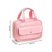 Borsa da viaggio rosa in pelle sintetica con manici, tasca frontale con bottone, dimensioni 28x19x9 cm. Elegante e pratica per donna.