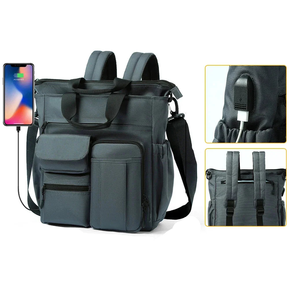 Zaino multifunzione grigio con porta USB, tasche frontali e spallacci regolabili. Ideale per viaggi, lavoro e scuola. Design moderno e pratico.