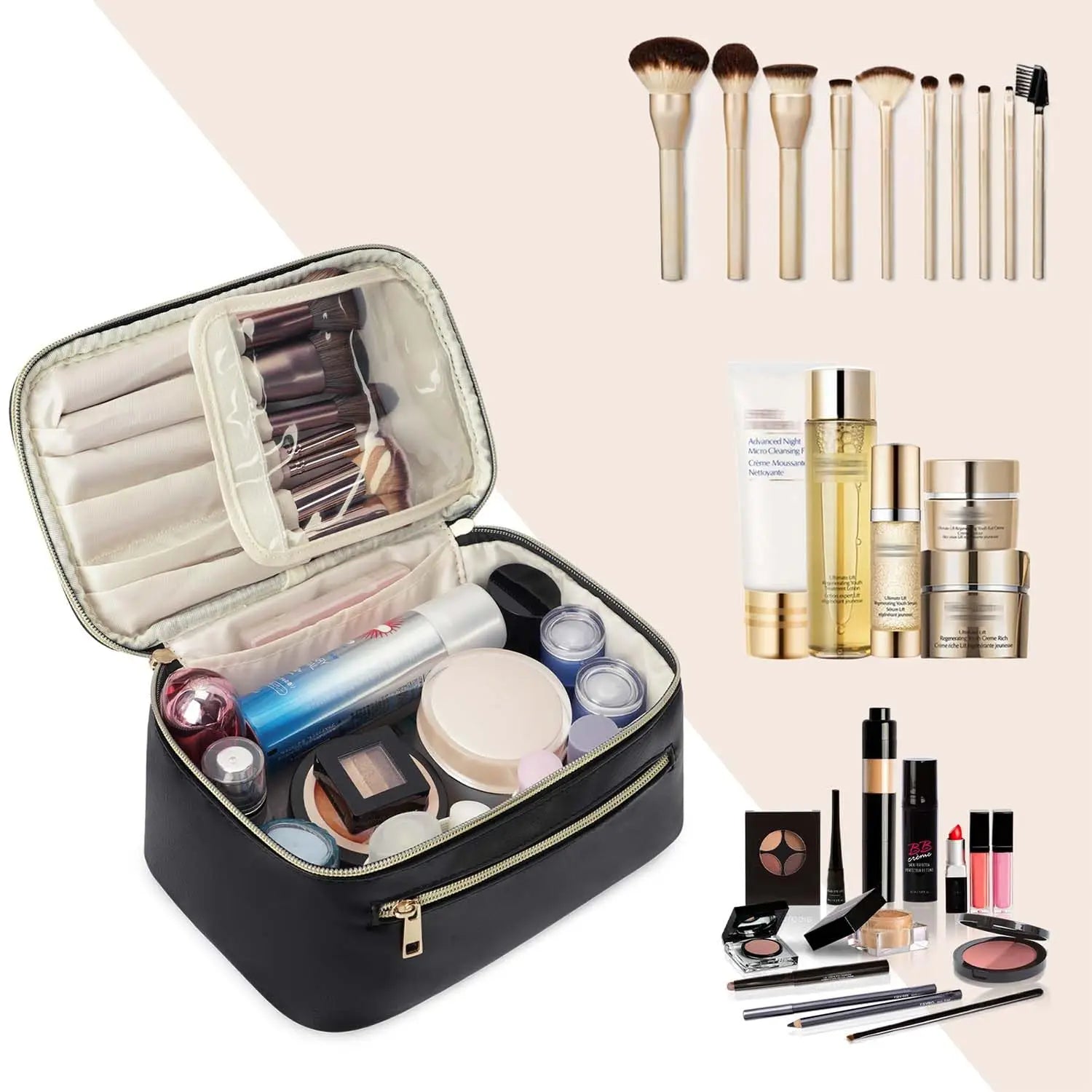 Set di trucco professionale con borsa organizer nera, pennelli, fondotinta, rossetti, ombretti e skincare. Ideale per viaggi e uso quotidiano.