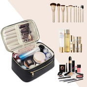 Set di trucco professionale con borsa organizer nera, pennelli, fondotinta, rossetti, ombretti e skincare. Ideale per viaggi e uso quotidiano.