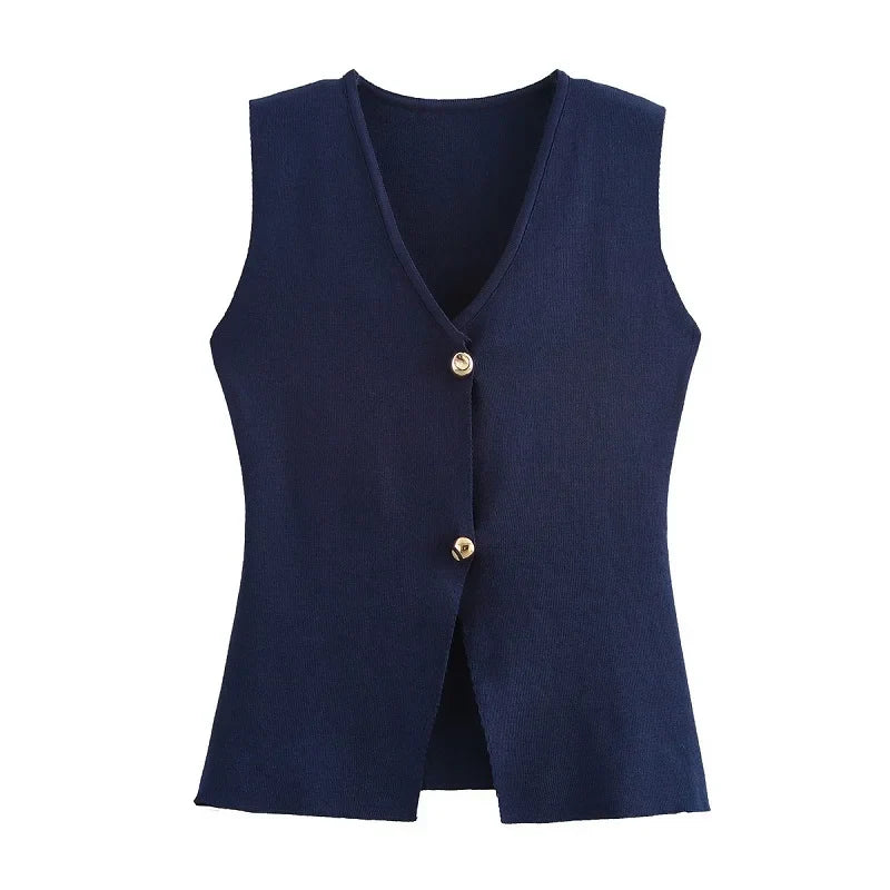 Gilet donna blu scuro senza maniche, scollo a V, chiusura a due bottoni dorati, elegante e versatile per abbigliamento casual o formale.