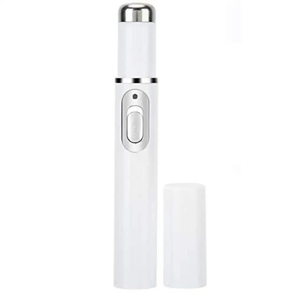 Depilatore elettrico portatile bianco, design cilindrico, pulsante centrale, cappuccio rimovibile. Ideale per rimozione peli viso e corpo.