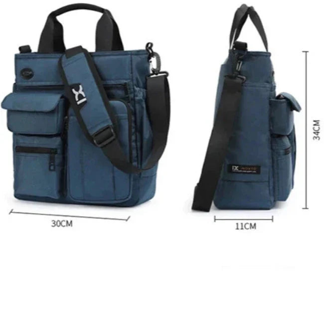 Borsa a tracolla blu unisex, dimensioni 30x11x34 cm, con tasche multiple e tracolla regolabile. Ideale per lavoro e viaggio.