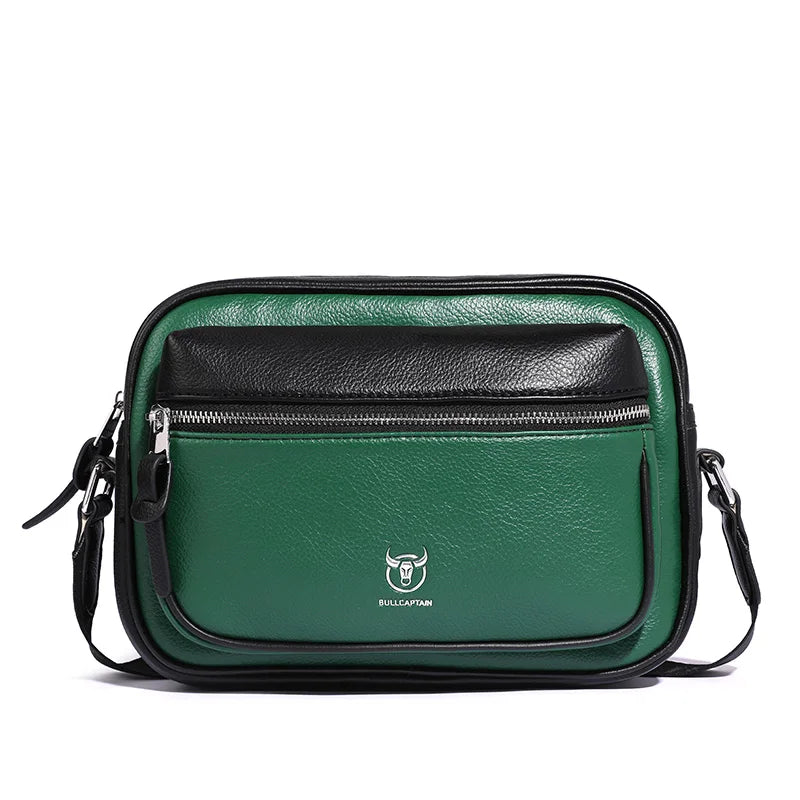 Borsa a tracolla in pelle verde e nera con zip frontale, logo Bullcaptain, design elegante e moderno, ideale per uomo.