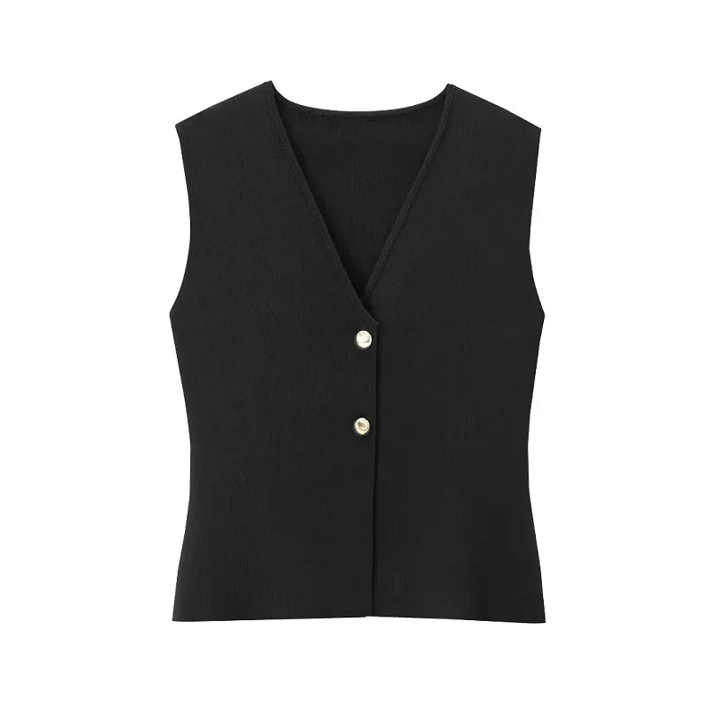 Gilet nero elegante da donna con scollo a V e due bottoni, ideale per abbigliamento formale e casual. Tessuto di alta qualità, stile moderno.