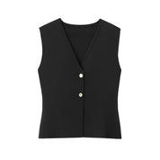 Gilet nero elegante da donna con scollo a V e due bottoni, ideale per abbigliamento formale e casual. Tessuto di alta qualità, stile moderno.