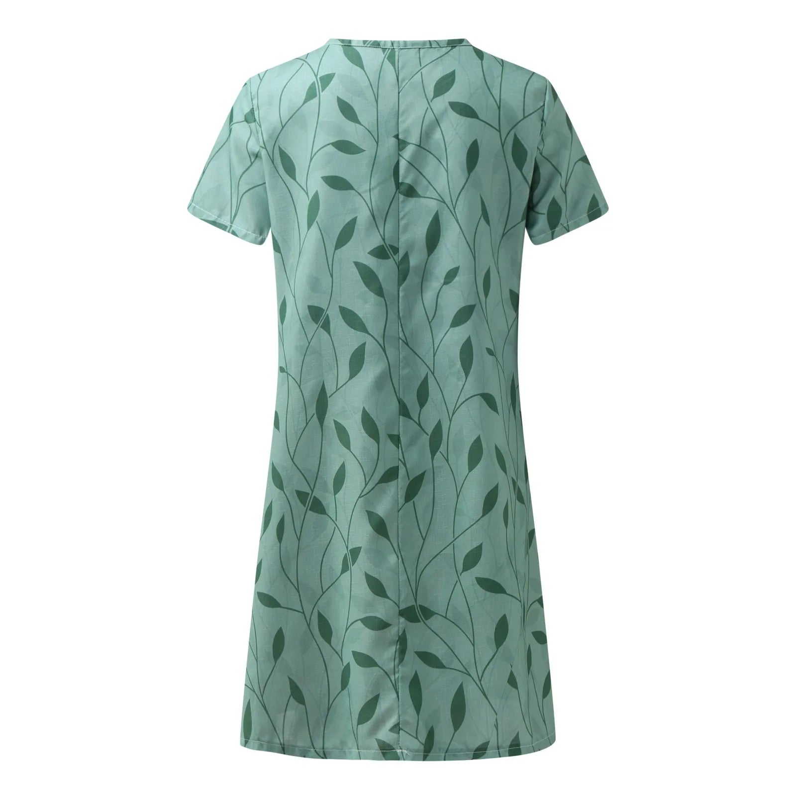 Abito verde a maniche corte con motivo foglie, design elegante e moderno, perfetto per la moda estiva. Tessuto leggero e confortevole.