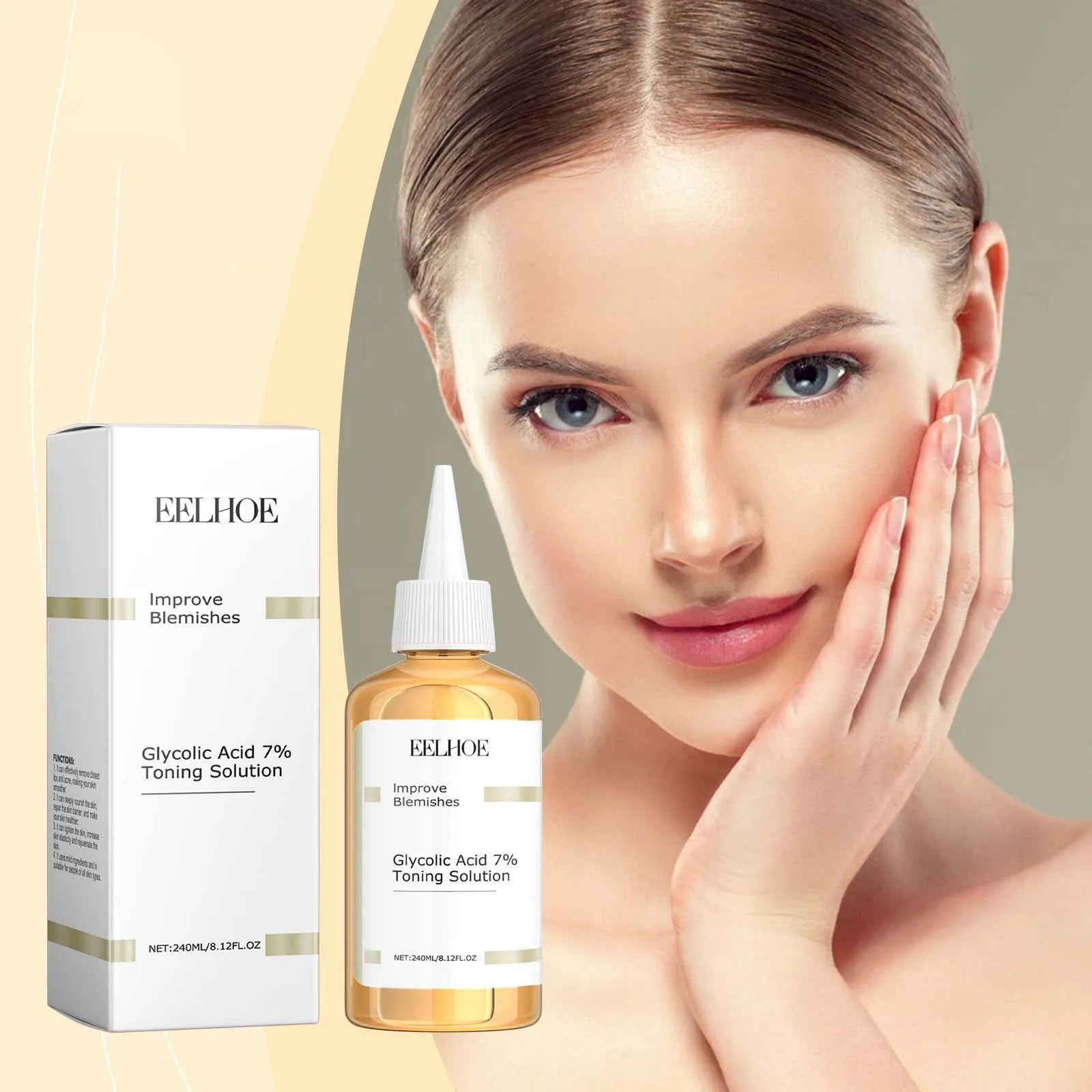 Flacone di soluzione tonificante all'acido glicolico 7% Eelhoe, con confezione, accanto a donna sorridente. Cura della pelle, trattamento imperfezioni.