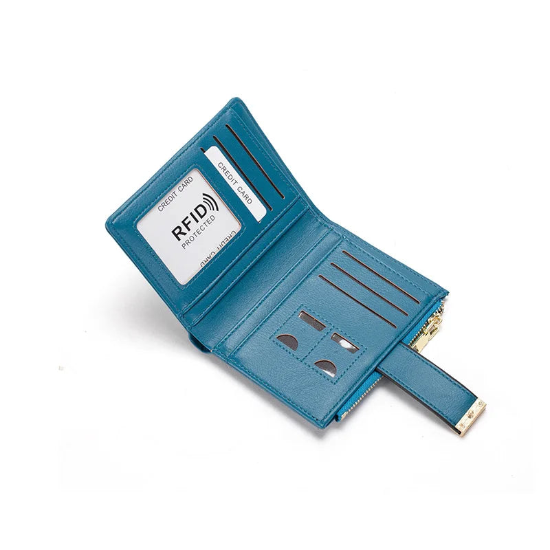 Portafoglio in pelle blu con protezione RFID, scomparti per carte di credito e monete, design elegante e compatto, accessorio moda uomo e donna.