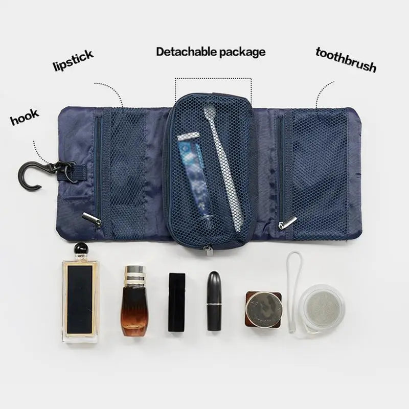 Astuccio da viaggio blu con gancio, tasche rimovibili, spazzolino, dentifricio, rossetto e accessori. Organizzatore compatto per cosmetici e igiene.