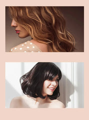 Due acconciature femminili: capelli lunghi ondulati castano chiaro e caschetto corto nero lucido. Stile capelli alla moda, tendenze bellezza.