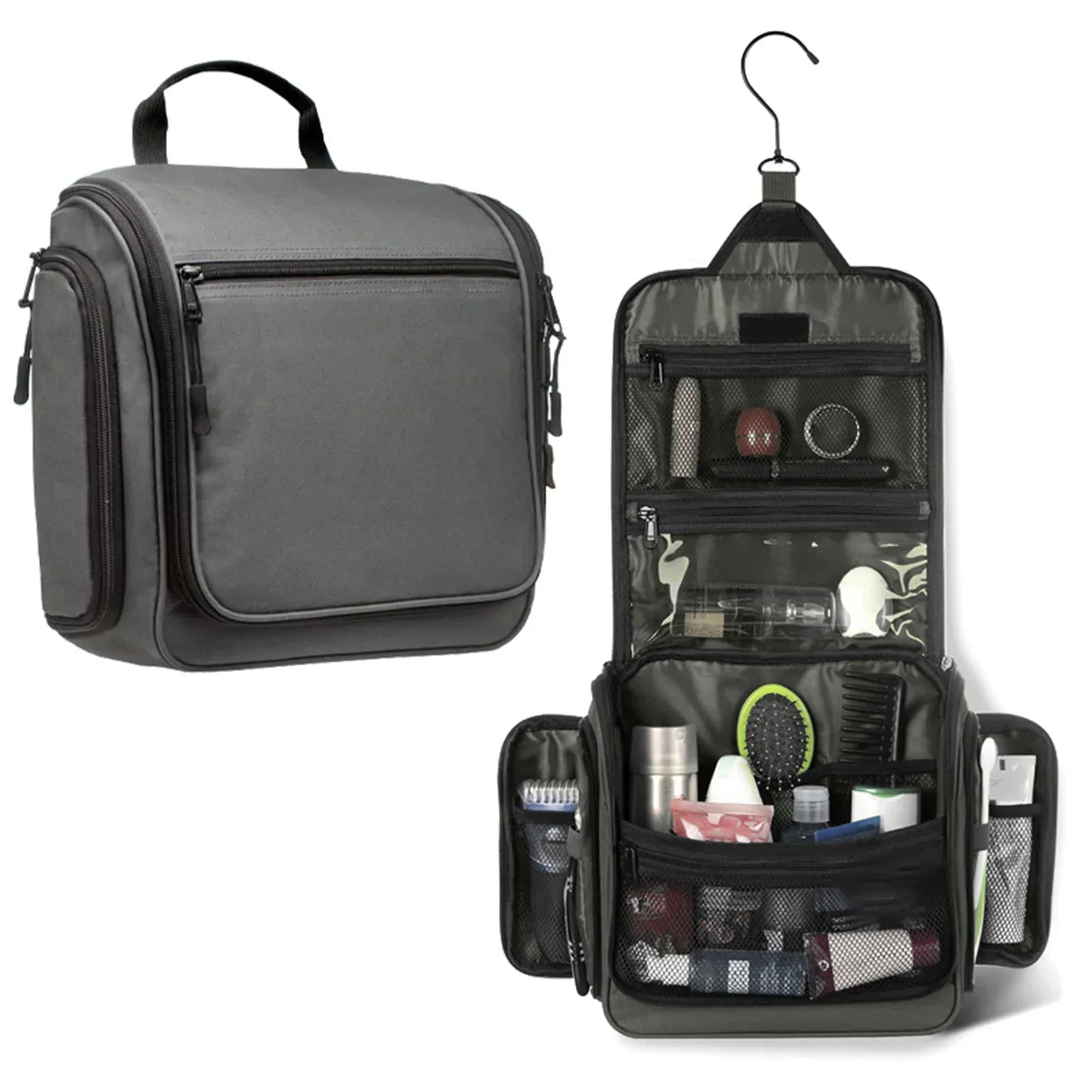 Borsa da toilette grigia con gancio, scomparti multipli, ideale per viaggi. Organizzatore cosmetici, accessori bagno, resistente e compatta.