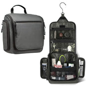 Borsa da toilette grigia con gancio, scomparti multipli, ideale per viaggi. Organizzatore cosmetici, accessori bagno, resistente e compatta.