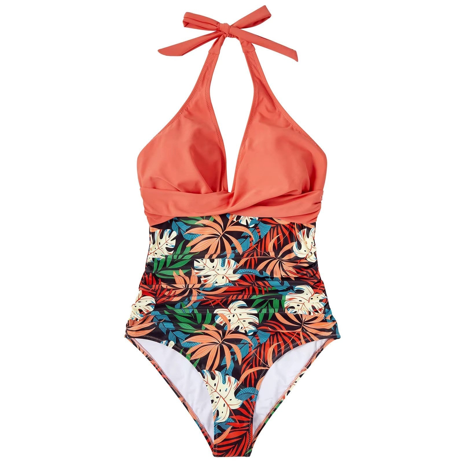 Costume intero donna tropicale, scollo all'americana, stampa foglie colorate, design elegante, perfetto per spiaggia e piscina.