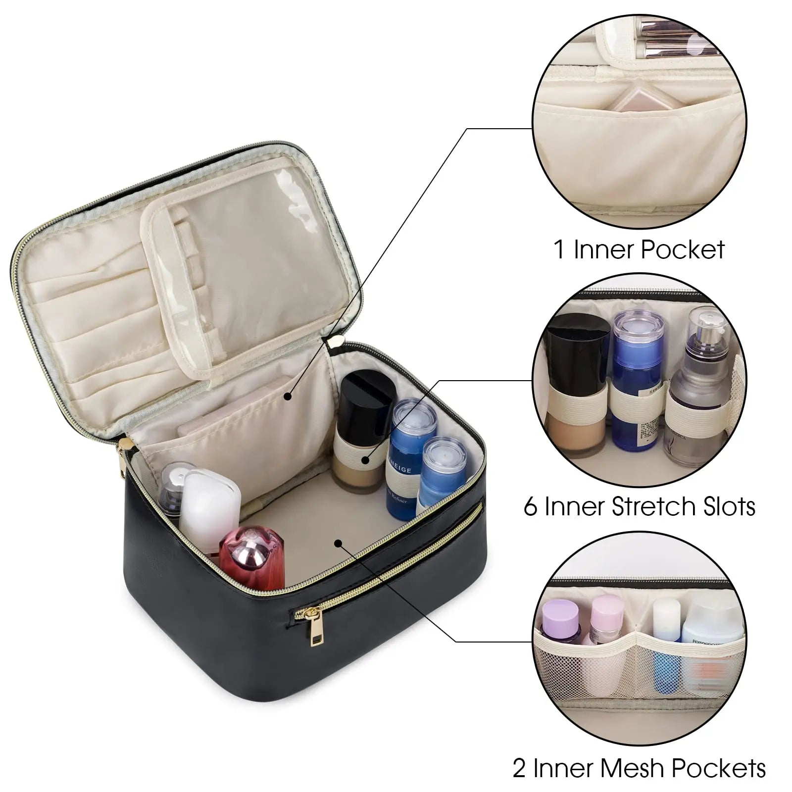 Beauty case nero con tasca interna, 6 scomparti elastici e 2 tasche a rete. Ideale per organizzare cosmetici e prodotti da viaggio.