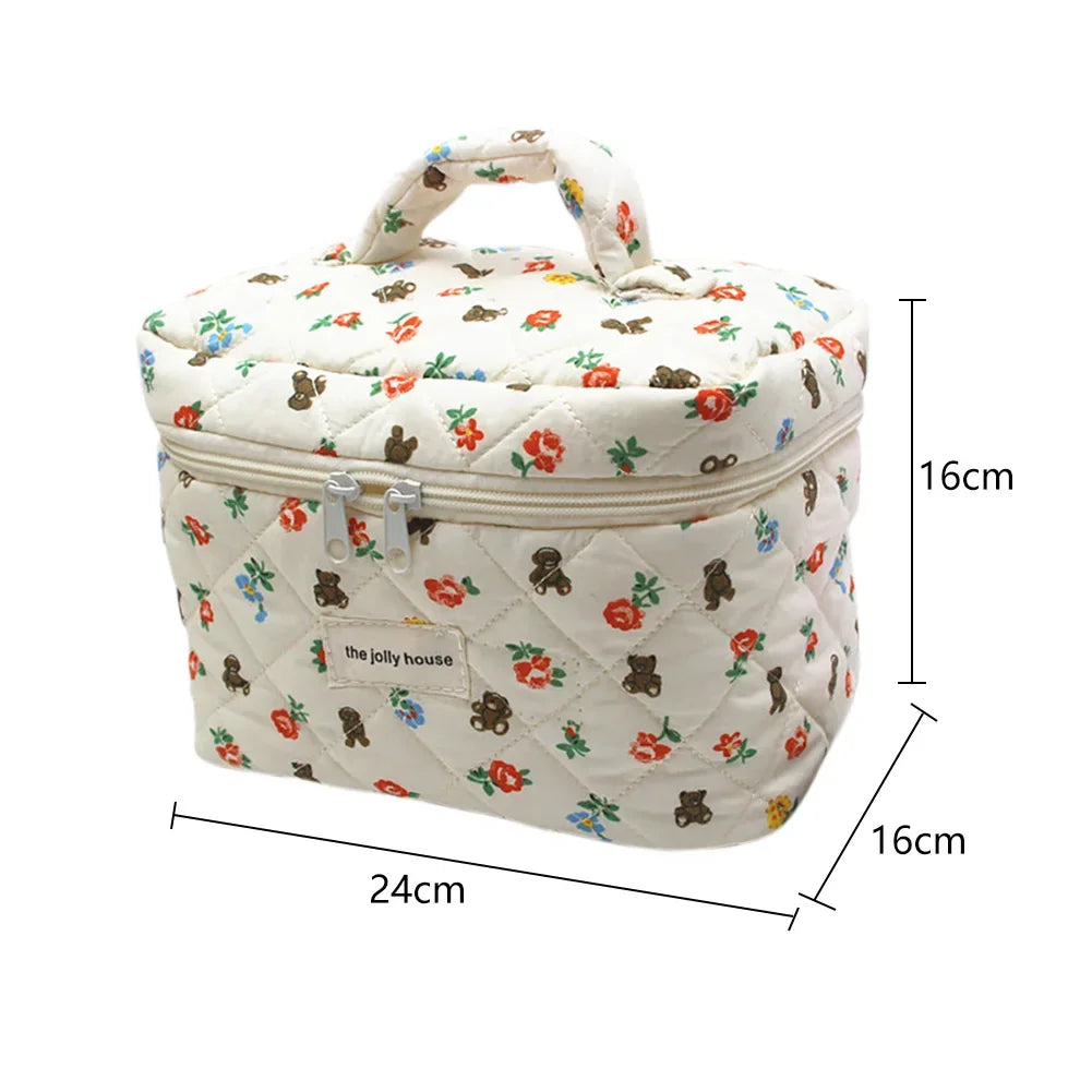 Borsa termica trapuntata con stampa floreale e orsacchiotti, dimensioni 24x16x16 cm, manico superiore, chiusura a zip, ideale per picnic e viaggi.