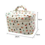 Borsa termica trapuntata con stampa floreale e orsacchiotti, dimensioni 24x16x16 cm, manico superiore, chiusura a zip, ideale per picnic e viaggi.