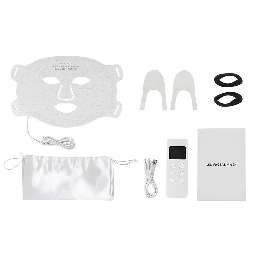 Maschera LED viso bianca con telecomando, cavi, accessori e custodia. Trattamento bellezza, cura della pelle, tecnologia LED, anti-invecchiamento.