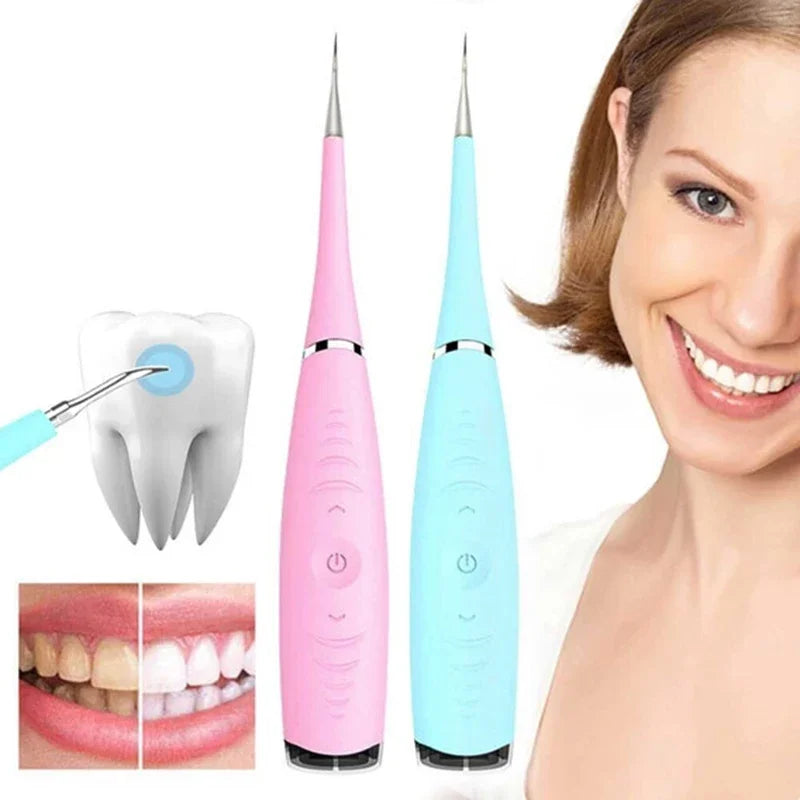 Spazzolino elettrico sonico rosa e azzurro, rimozione tartaro, denti bianchi, igiene orale, sorriso sano, cura dentale avanzata.