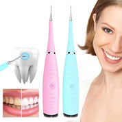 Spazzolino elettrico sonico rosa e azzurro, rimozione tartaro, denti bianchi, igiene orale, sorriso sano, cura dentale avanzata.