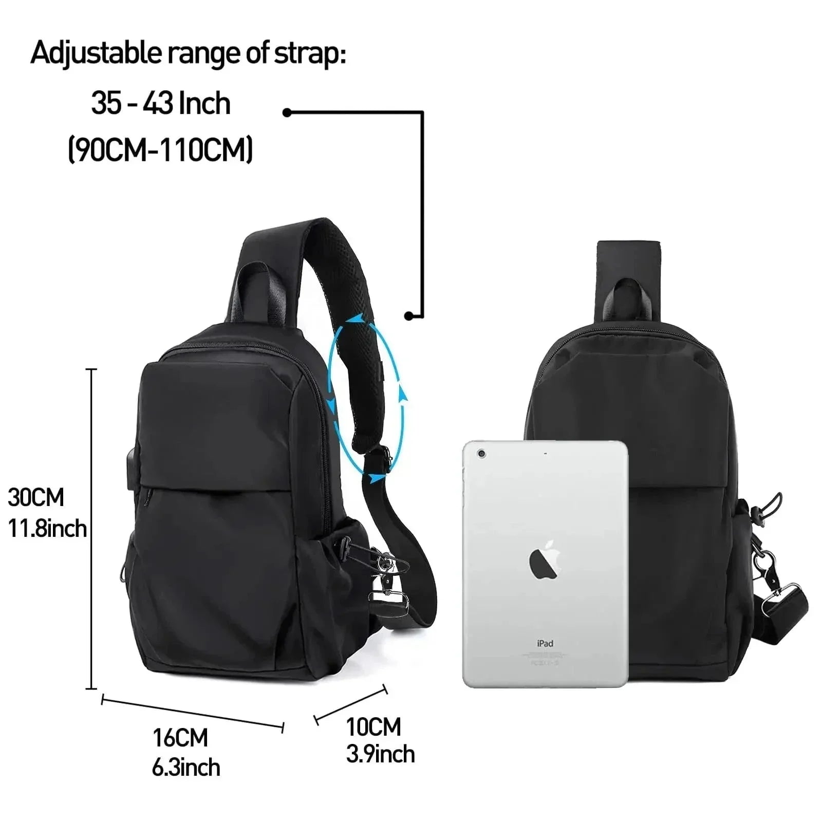 Zaino monospalla nero impermeabile, dimensioni 30x16x10 cm, con tracolla regolabile 90-110 cm, ideale per tablet e accessori.