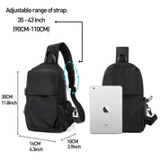 Zaino monospalla nero impermeabile, dimensioni 30x16x10 cm, con tracolla regolabile 90-110 cm, ideale per tablet e accessori.