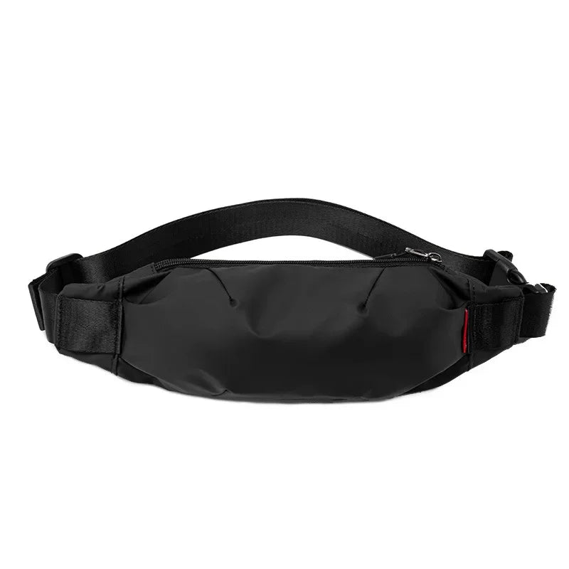 Marsupio nero unisex in tessuto impermeabile, con cerniera e cintura regolabile. Ideale per sport, viaggi e uso quotidiano. Accessorio moda pratico.