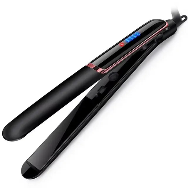Piastra per capelli nera con display digitale a LED, design elegante e moderno, ideale per lisciare e modellare i capelli. Accessorio styling professionale.