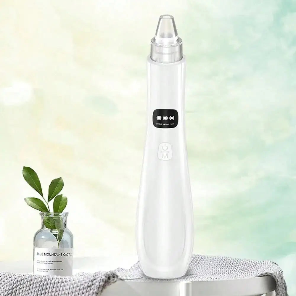 Dispositivo di aspirazione per la pulizia del viso, bianco, su sfondo sfumato. Include schermo LED e impostazioni regolabili. Accessorio skincare.