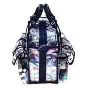 Borsa trasparente per cosmetici con manici neri, tasche laterali e zip, ideale per organizzare trucchi e accessori di bellezza.