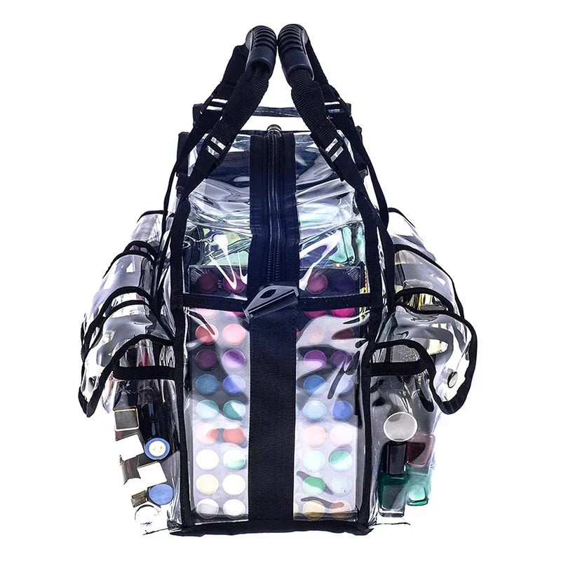 Borsa trasparente per cosmetici con manici neri, tasche laterali e zip, ideale per organizzare trucchi e accessori di bellezza.