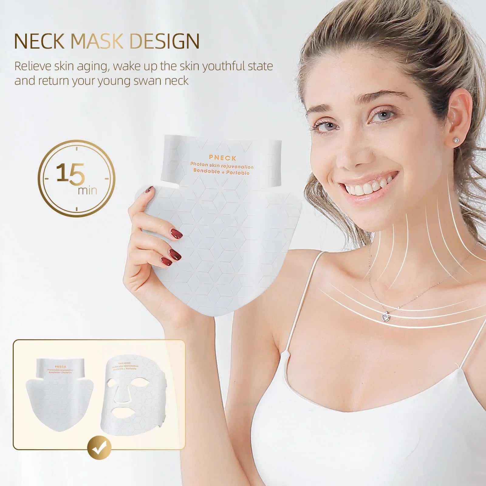 Donna sorridente con maschera collo antietà, design innovativo, 15 minuti di applicazione, pelle giovane e levigata, cura della pelle efficace.