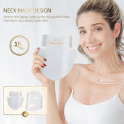 Donna sorridente con maschera collo antietà, design innovativo, 15 minuti di applicazione, pelle giovane e levigata, cura della pelle efficace.