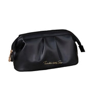 Astuccio cosmetico nero in pelle sintetica con cerniera dorata, design elegante e scritta "Twinkle little Star". Ideale per trucco e accessori.