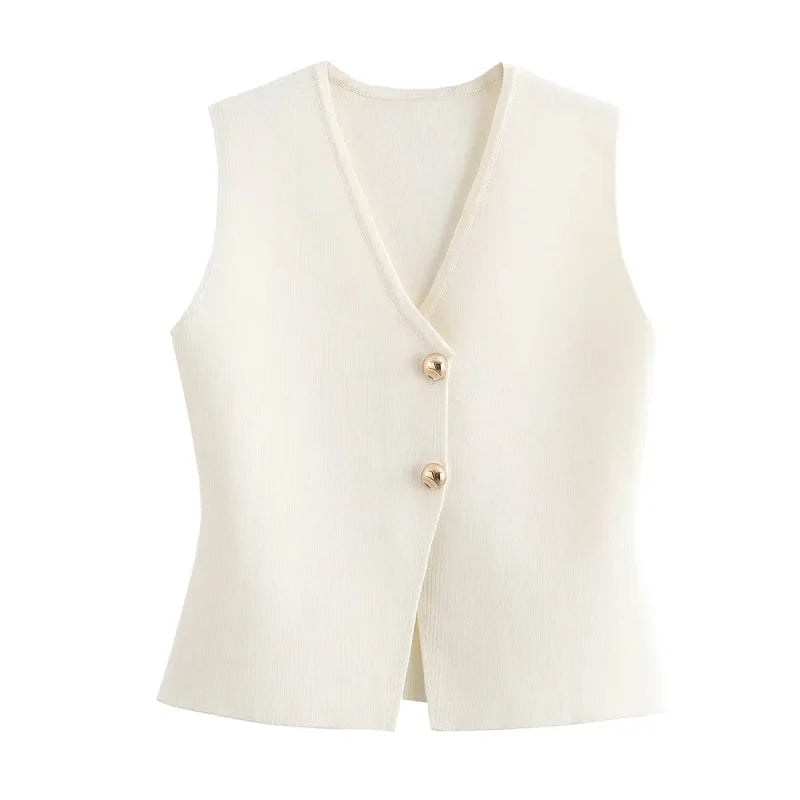 Gilet donna bianco crema, senza maniche, con scollo a V e due bottoni frontali. Elegante e versatile, ideale per moda casual e formale.