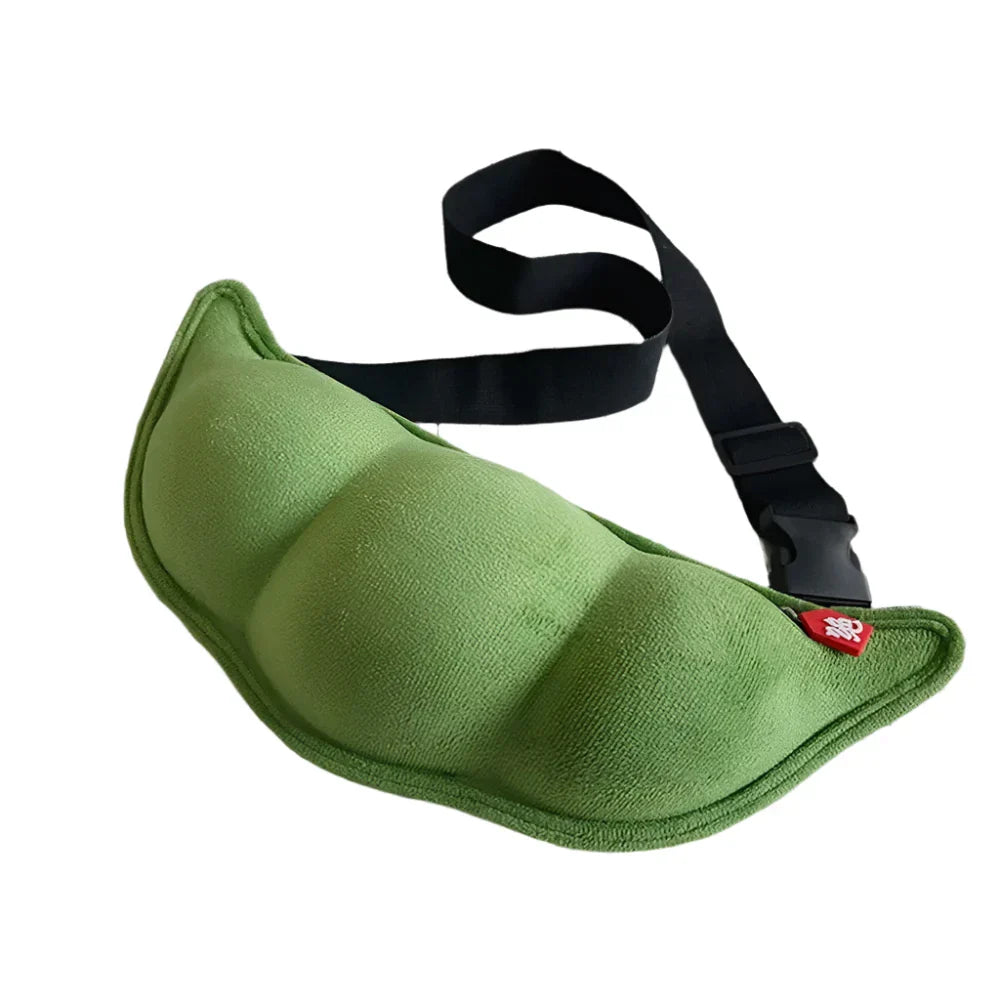 Cuscino ergonomico verde a forma di pisello, con cintura regolabile nera. Ideale per supporto lombare e comfort. Accessorio benessere versatile.