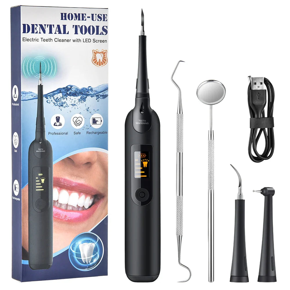 Spazzolino elettrico nero con schermo LED, kit pulizia dentale, specchietto, strumenti in acciaio, cavo USB. Uso domestico, professionale, ricaricabile.