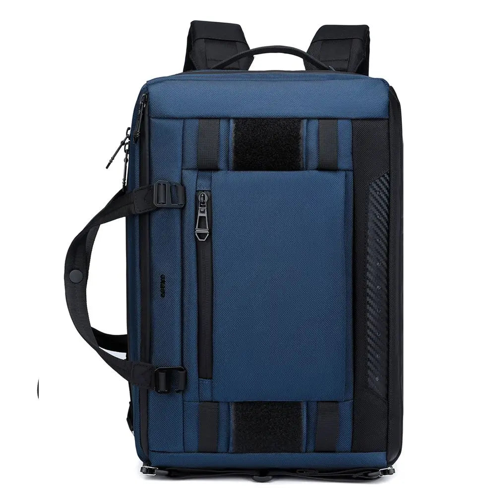 Zaino da viaggio blu multifunzionale, design moderno, tasche multiple, resistente all'acqua, ideale per laptop, escursioni e uso quotidiano.