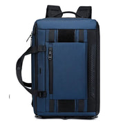 Zaino da viaggio blu multifunzionale, design moderno, tasche multiple, resistente all'acqua, ideale per laptop, escursioni e uso quotidiano.