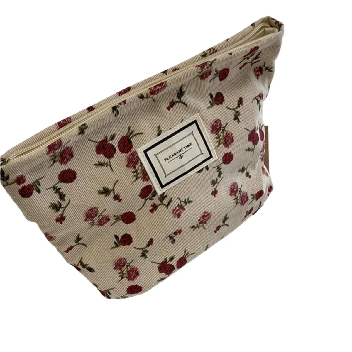 Astuccio cosmetico floreale beige con rose rosse, chiusura a zip, etichetta "Pleasant Time". Accessorio moda, borsa trucco elegante e pratica.