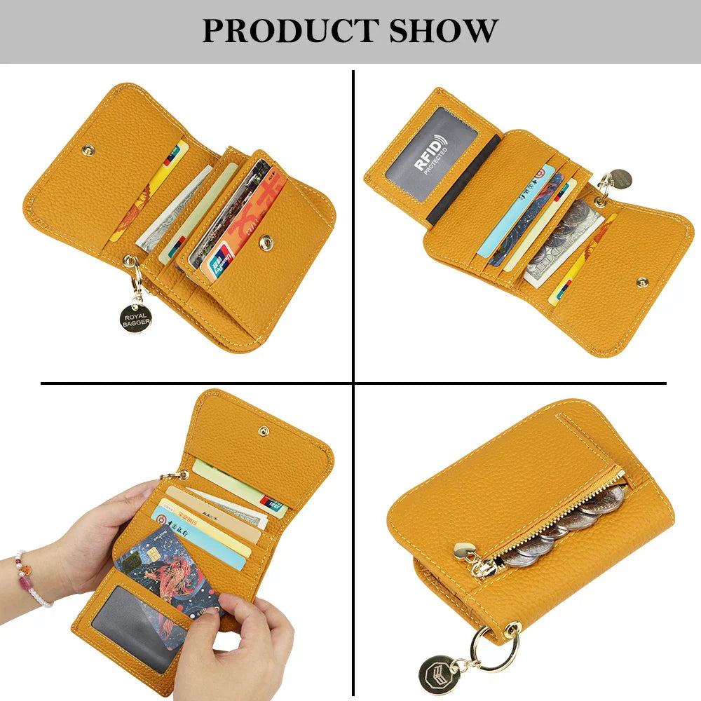 Portafoglio donna giallo in pelle, compatto, con protezione RFID, scomparti per carte, monete e foto. Design elegante e funzionale.