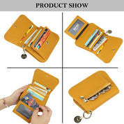 Portafoglio donna giallo in pelle, compatto, con protezione RFID, scomparti per carte, monete e foto. Design elegante e funzionale.