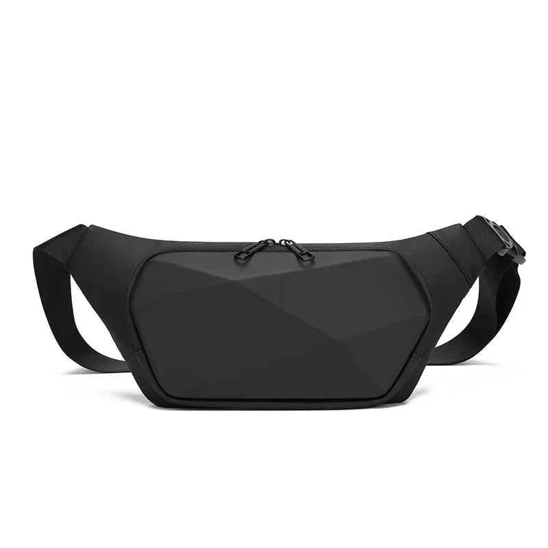 Marsupio nero moderno con design geometrico, cerniere doppie e cintura regolabile. Accessorio unisex per viaggi e attività all'aperto.