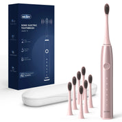 Spazzolino elettrico sonico rosa Sejoy con 8 testine di ricambio, custodia da viaggio e confezione. Tecnologia avanzata per igiene orale ottimale.