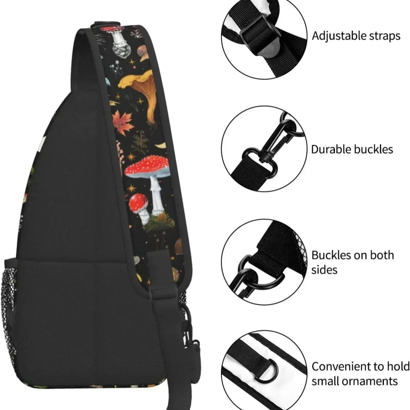 Zaino a tracolla nero con stampa funghi, cinghie regolabili, fibbie resistenti, tasche laterali, ideale per escursioni e uso quotidiano.