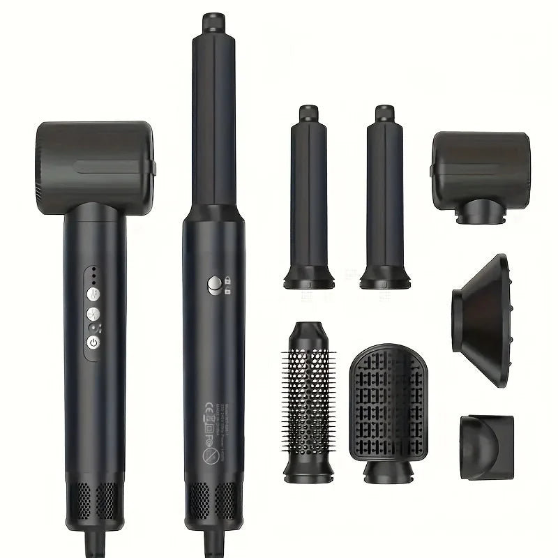 Set asciugacapelli e styler nero con accessori intercambiabili, inclusi spazzole e diffusori. Strumento styling capelli multifunzione professionale.