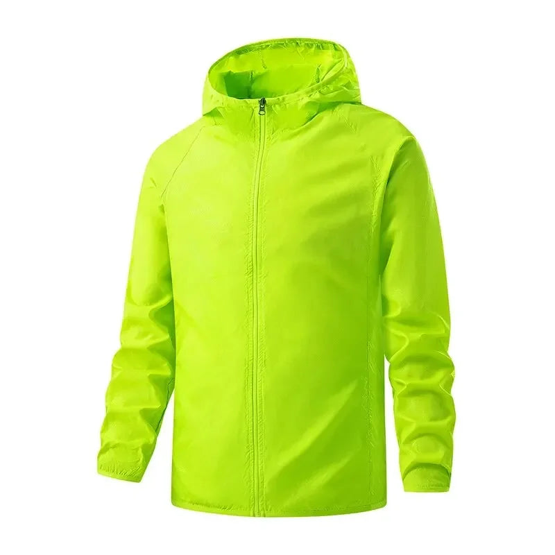 Giacca antivento unisex gialla fluorescente con cappuccio, chiusura a zip, maniche lunghe. Ideale per sport all'aperto e attività in condizioni ventose.