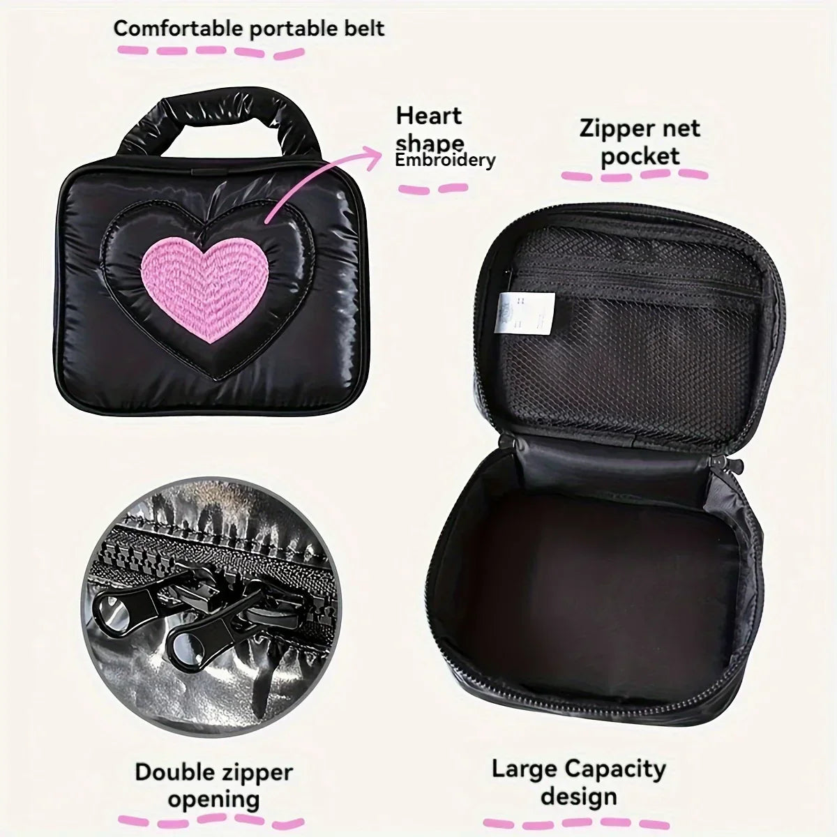 Borsa termica nera con ricamo a cuore rosa, manico portatile, tasca interna a rete, doppia apertura con cerniera, design capiente.