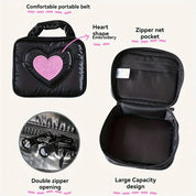Borsa termica nera con ricamo a cuore rosa, manico portatile, tasca interna a rete, doppia apertura con cerniera, design capiente.